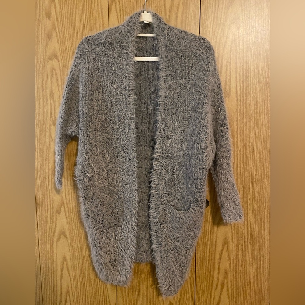 Tea & Cup Gray Fuzzy Open Front Cardigan Sweater
